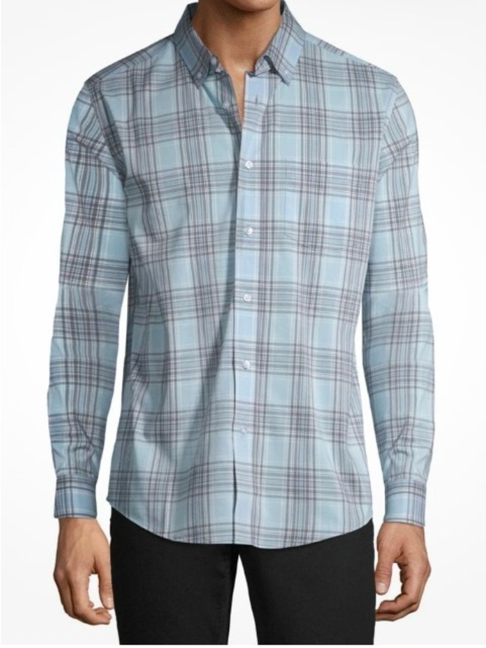 George Wrinkle Resistant Classic Fit Light Blue Gray Plaid Button-Down Shirt L